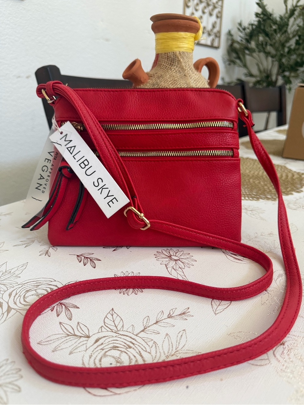 NWT Malibu Skye Red Vegan Leather Crossbody Bag Zip Pockets Celestial Lining